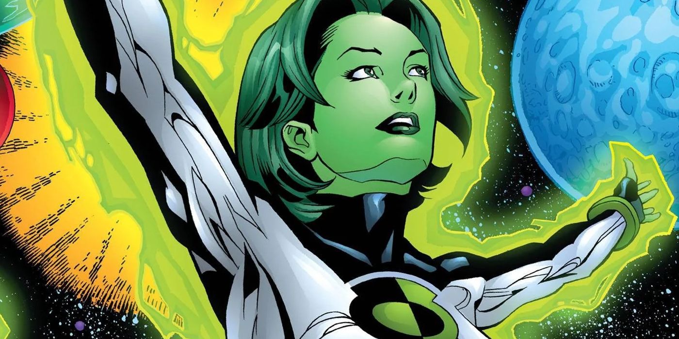 DC heroine Jade, filled with Green Lantern power, in a cosmic setting.