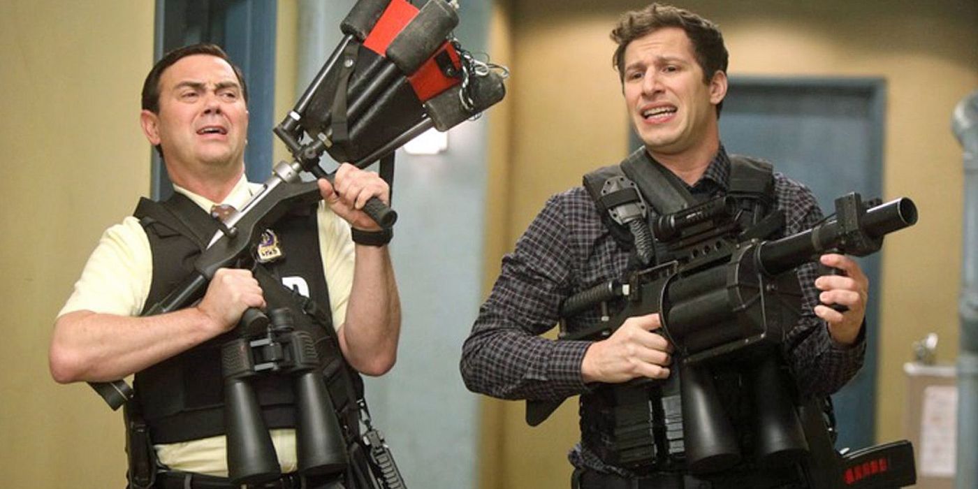 Jake and Charles with guns in Brooklyn 99.