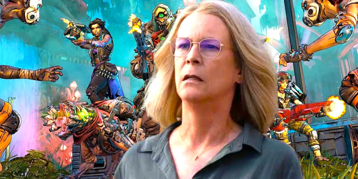 Jamie Lee Curtis looking alarmed over a backdrop of characters from the video game Borderlands