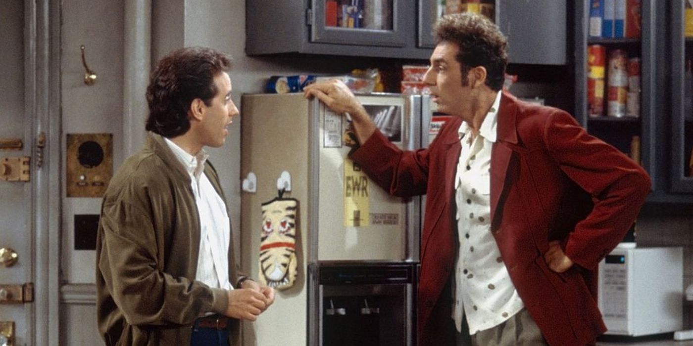 Jerry and Kramer chat in Jerry's apartment on Seinfeld