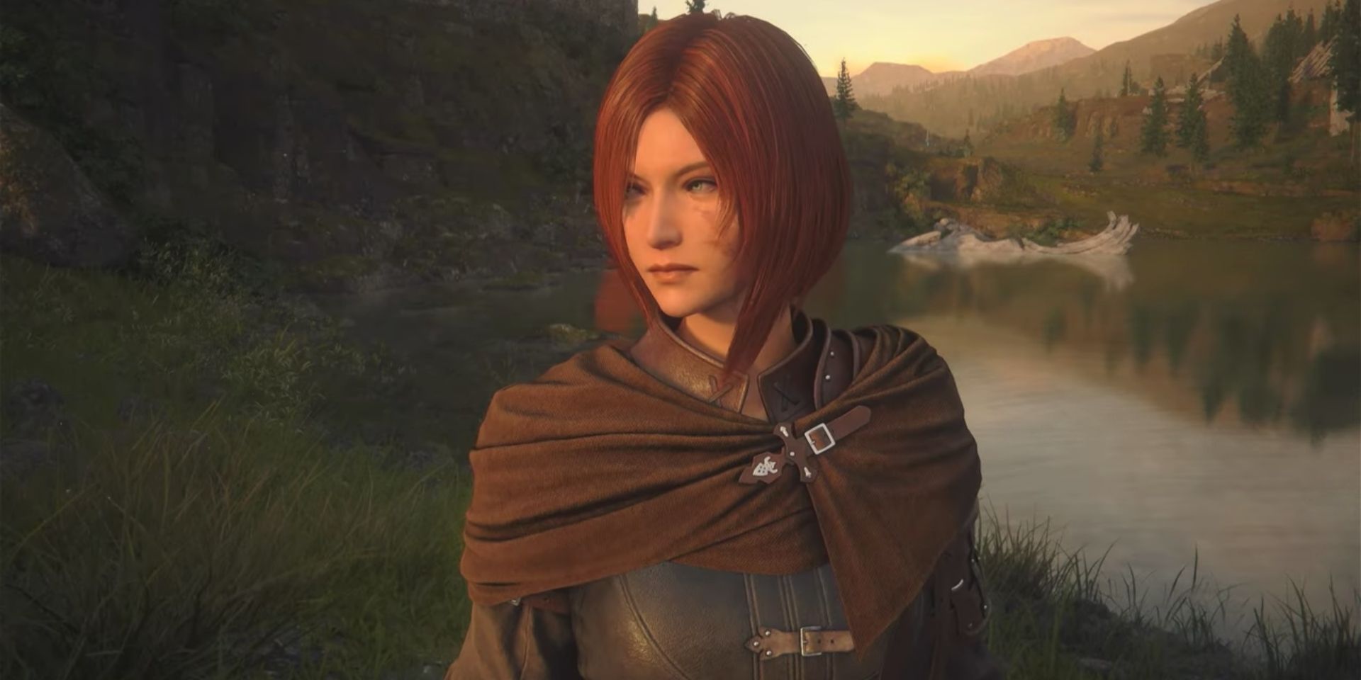 Tarja berdiri di tepi danau dengan ekspresi kontemplatif saat dia melihat ke kejauhan selama sidequest Final Fantasy 16 Letting Off Steam 3.
