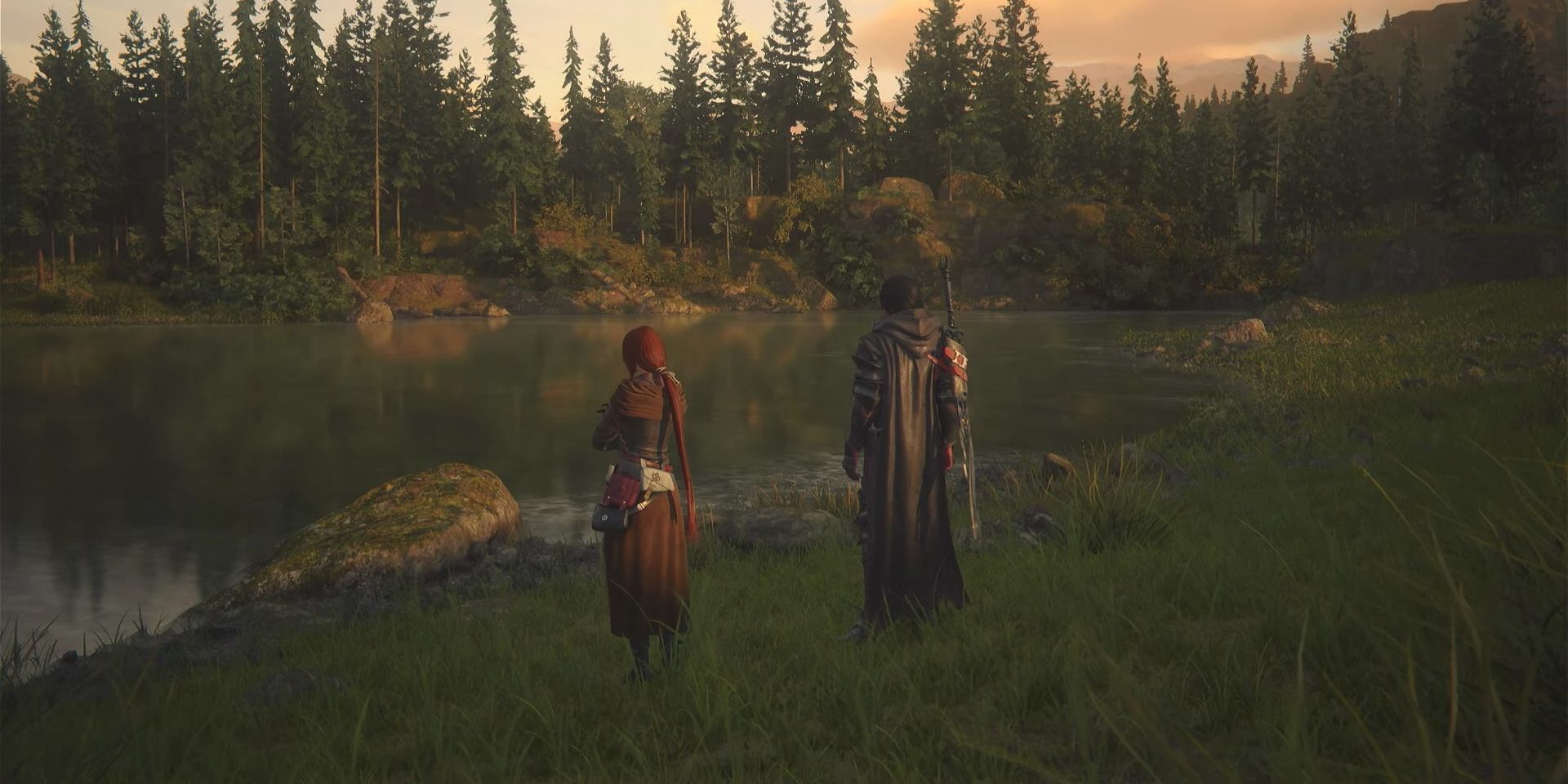Tarja dan Clive berdiri di tepi danau, menatap pohon pinus tinggi di seberang pantai.