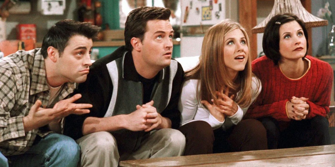 Joey, Chandler, Rachel, and Monica looking up hopefully on Friends