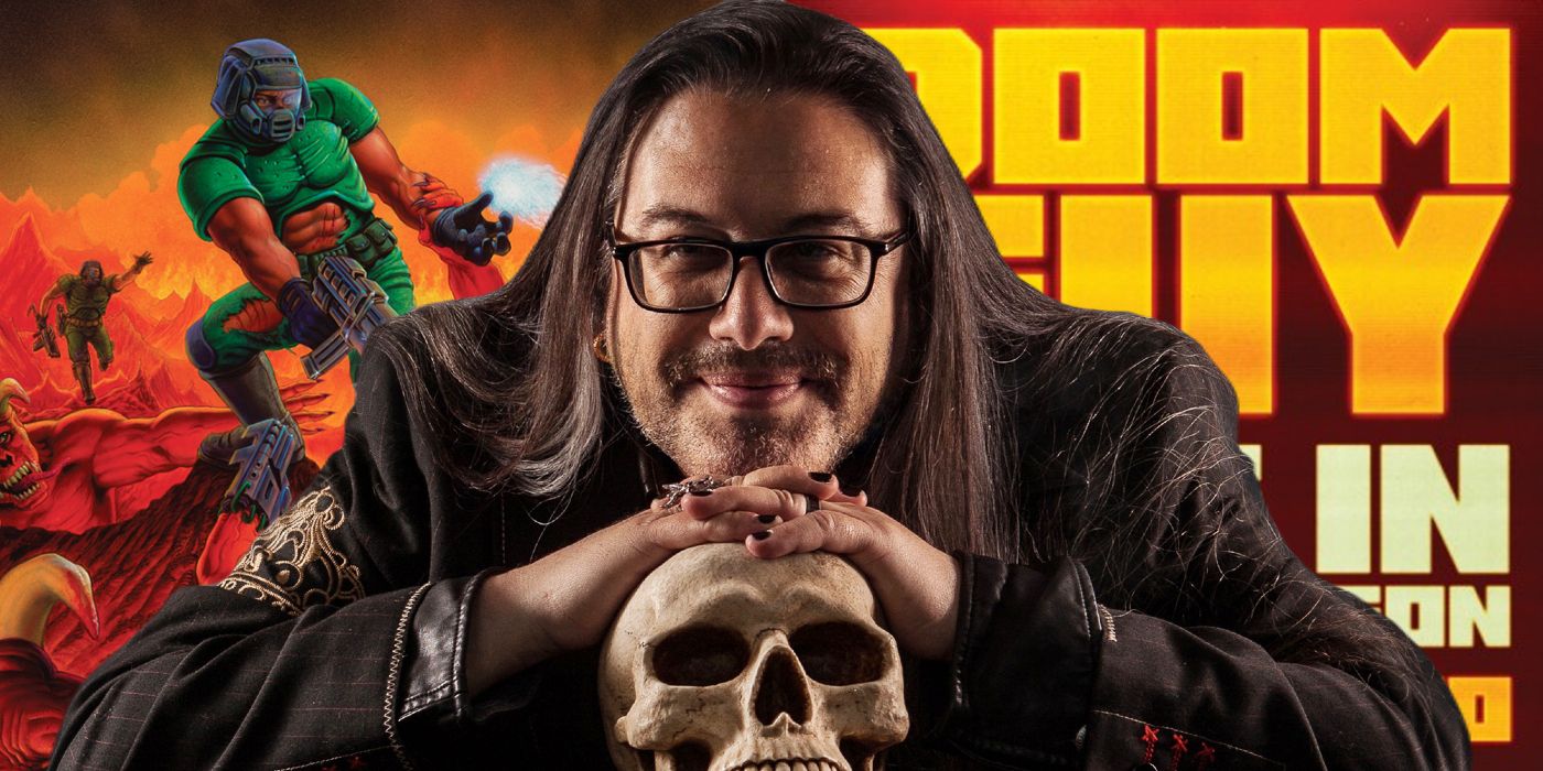 John Romero superimposed over the cover art for DOOM and the cover art for the book DOOM GUY