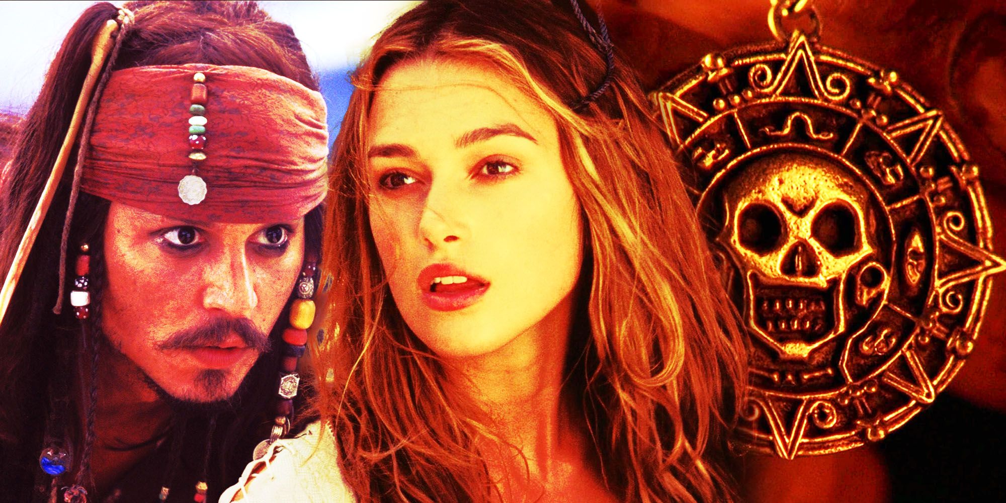 Johnny Depp as Jack Sparrow Keira Knightley as Elizabeth Swann and Aztec gold in Pirates of the Caribbean