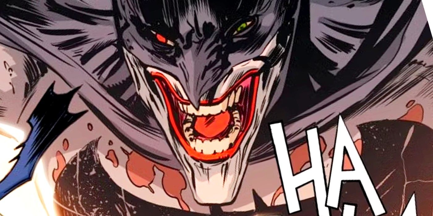 Featured Image: Close up of the Joker, as Batman, laughing maniacally