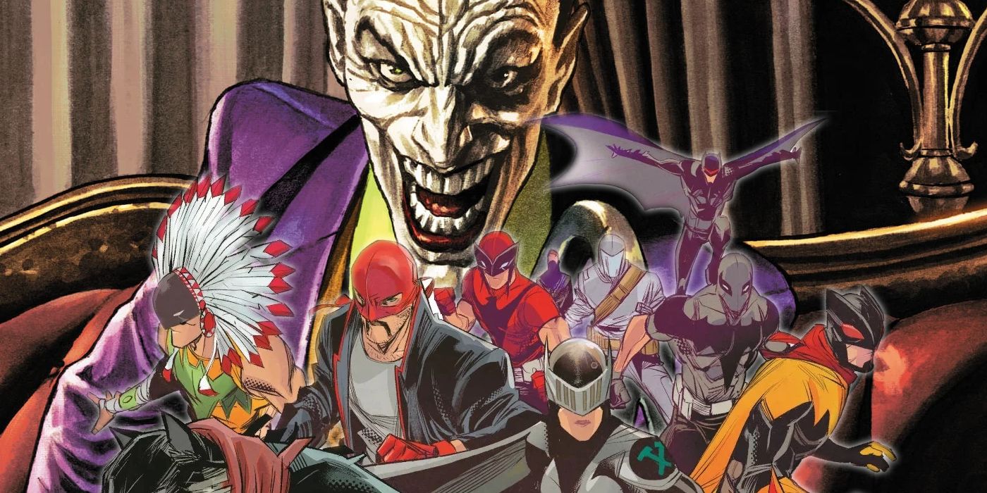 Joker, laughing, overshadowing the varied members of Batman Inc arrayed before him.