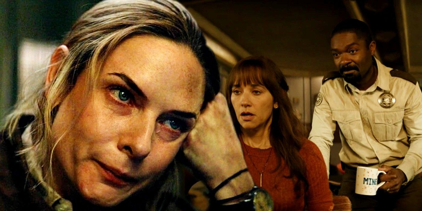 Juliette looking upset while a couple looks cared from seeing something in Silo season 1