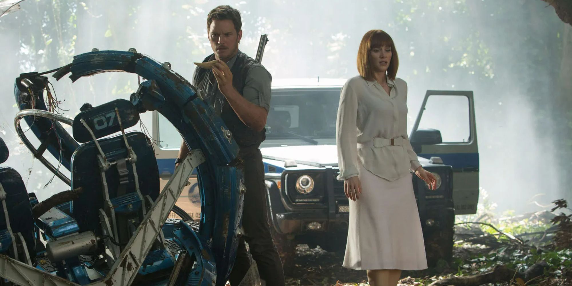 Chris Pratt and Bryce Dallas Howard stand in front of a car in Jurassic World.