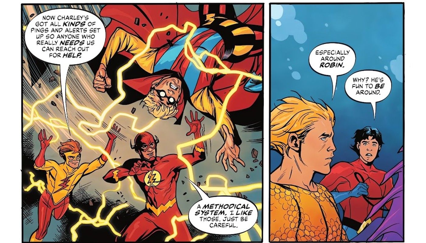 Justice League members Flash and Aquaman warn their sidekicks about Dick Grayson&rsquo;s Robin
