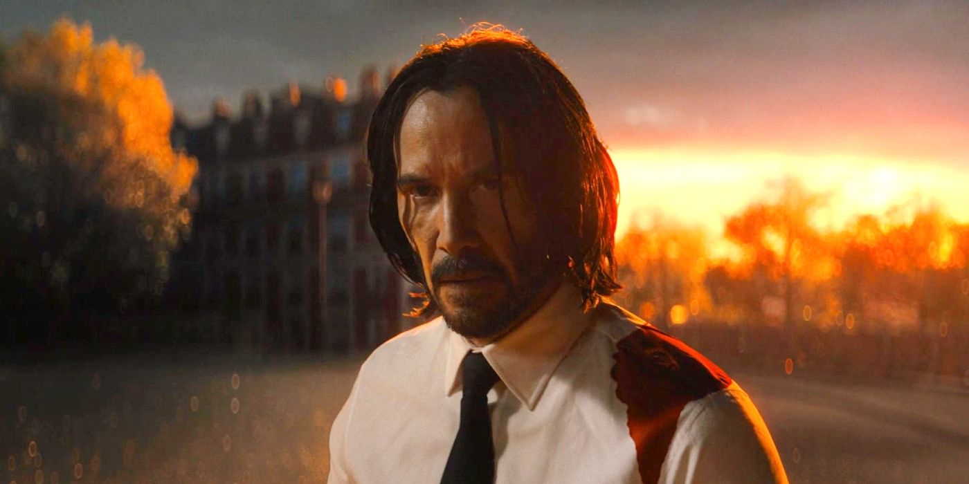 Keanu Reeves in John Wick 4 with blood on his shirt