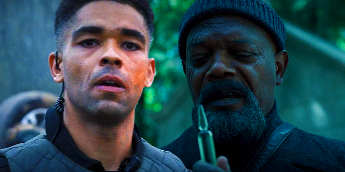 Kingsley Ben-Adir as Gravik and Samuel L. Jackson as Nick Fury with the Harvest in Secret Invasion