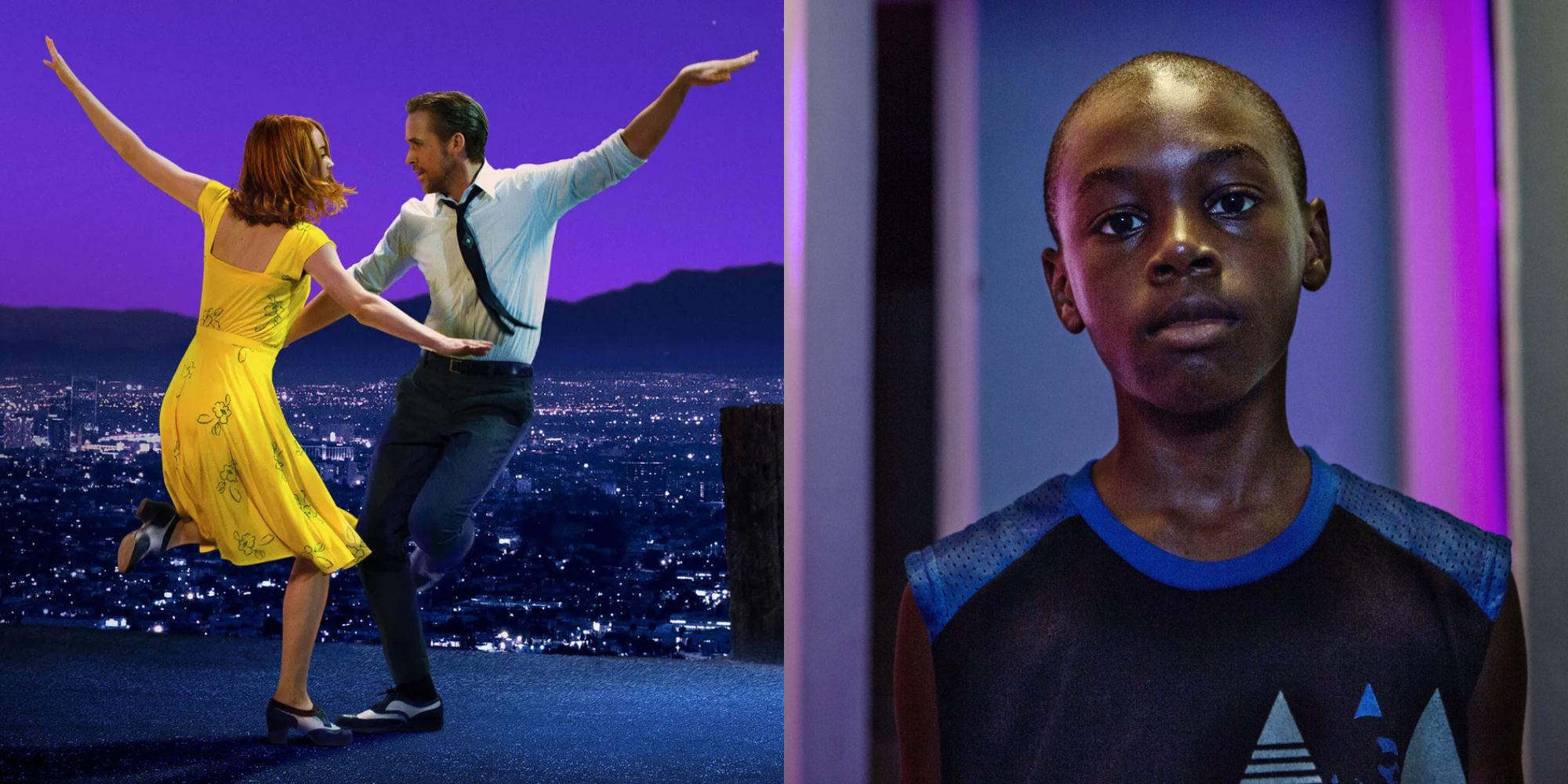 Split image of posters for La La Land and Moonlight