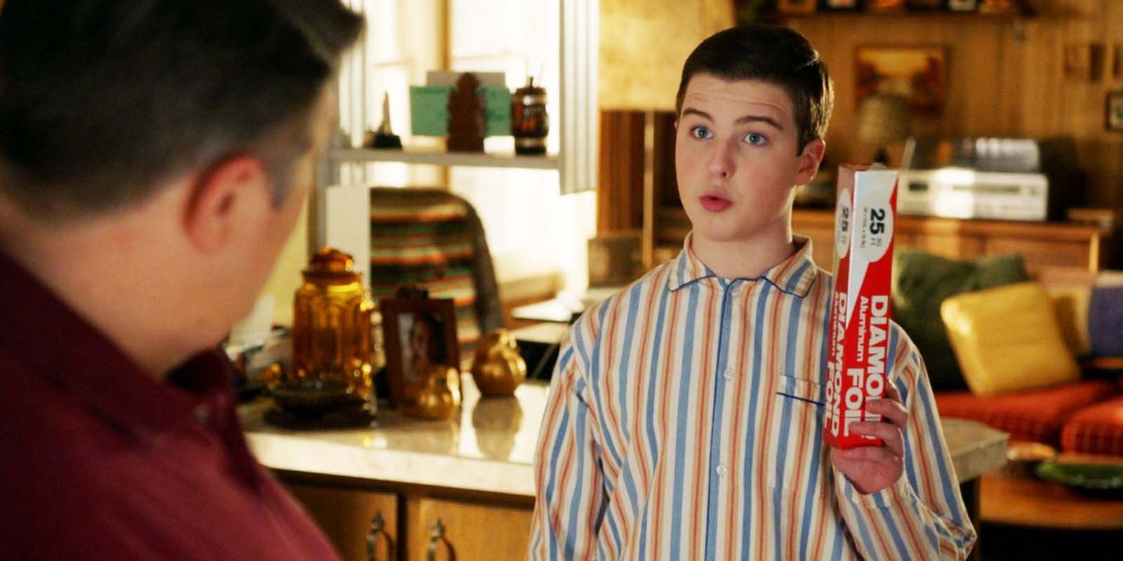 A collage image of George Cooper and Sheldon Cooper in Young Sheldon