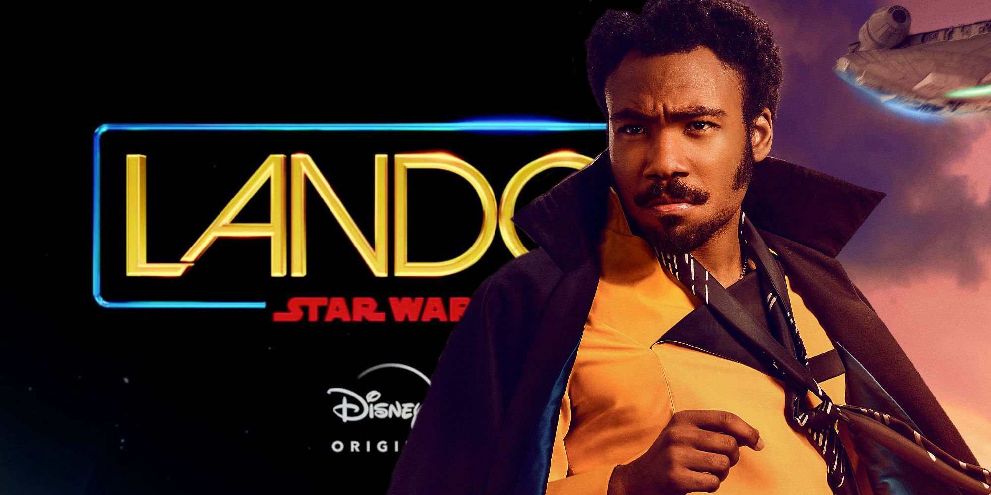 The Lando show logo next to Donald Glover as Lando Calrissian from Solo: A Star Wars Story