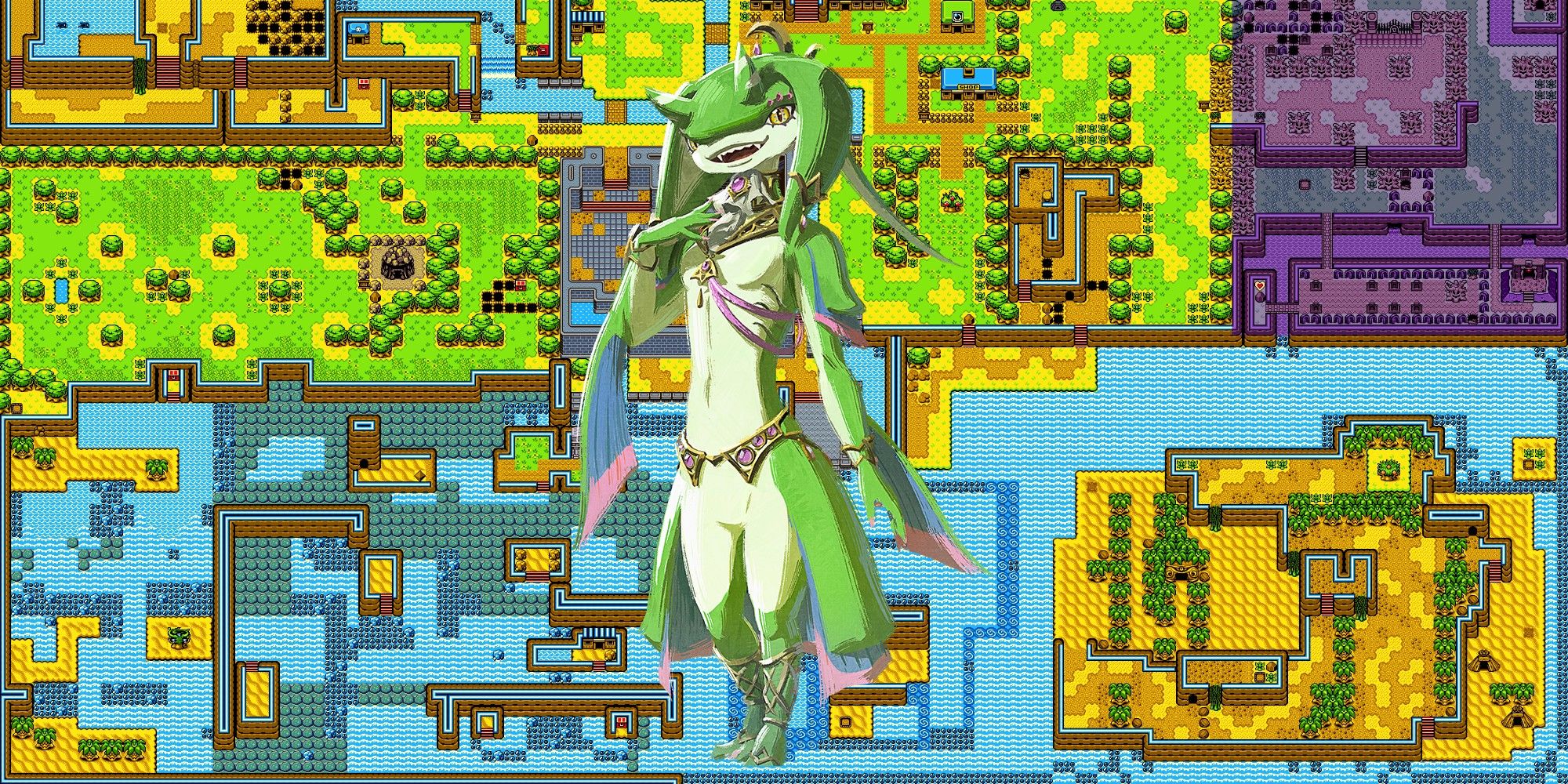 Official art of Yona from The Legend of Zelda: Tears of the Kingdom, with a map of Oracle of Ages' Labrynna in the background.