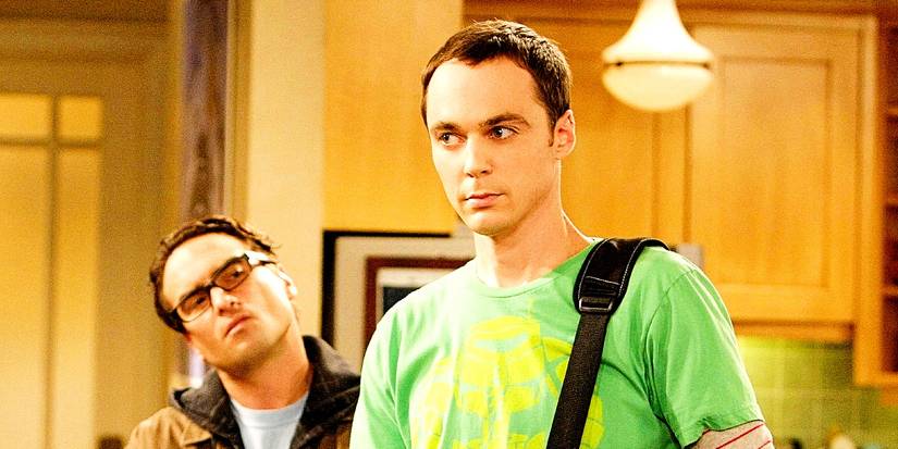 Leonard and Sheldon frowning at something in their apartment in The Big Bang Theory pilot.