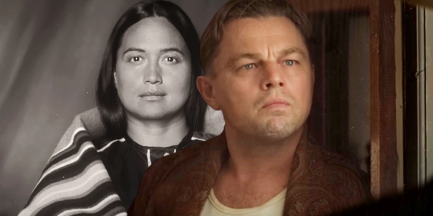 Custom image of Leonardo DiCaprio and Lily Gladstone in black and white in Killers of the Flower Moon.