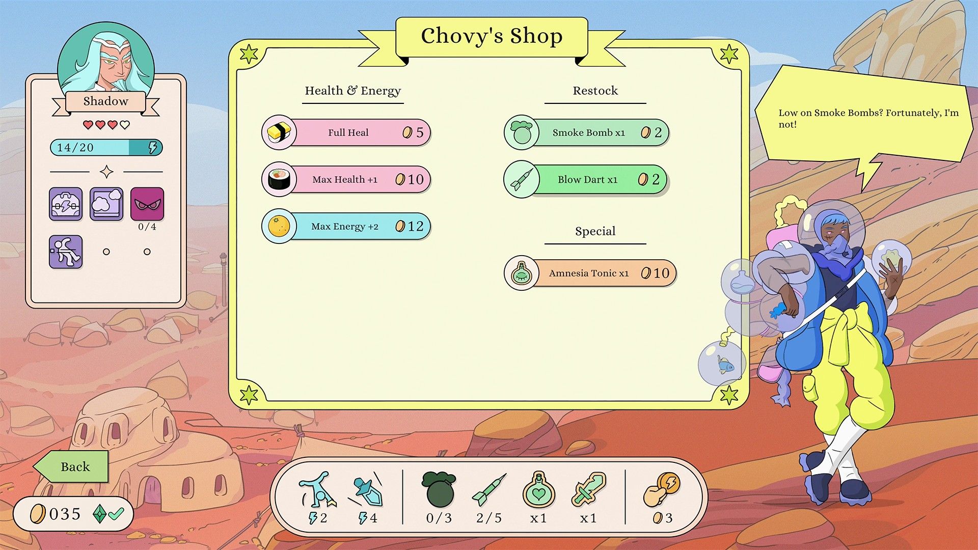 Chovy's Shop in Let's! Revolution! showing healing items, weapons, and a tonic for sale, Chovy stands to the side in a bubble space suit.