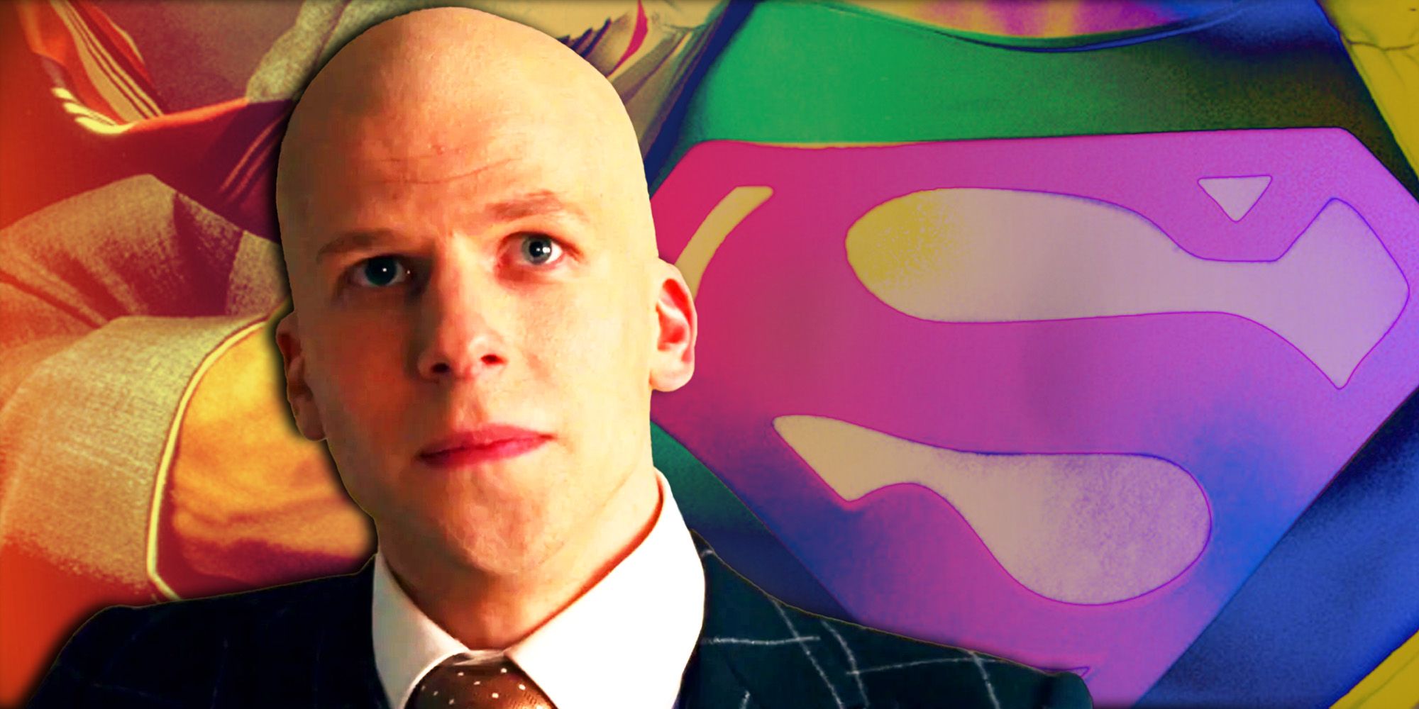 Jesse Eisenberg as DCEU Lex Luthor in front of comic art of Superman's logo