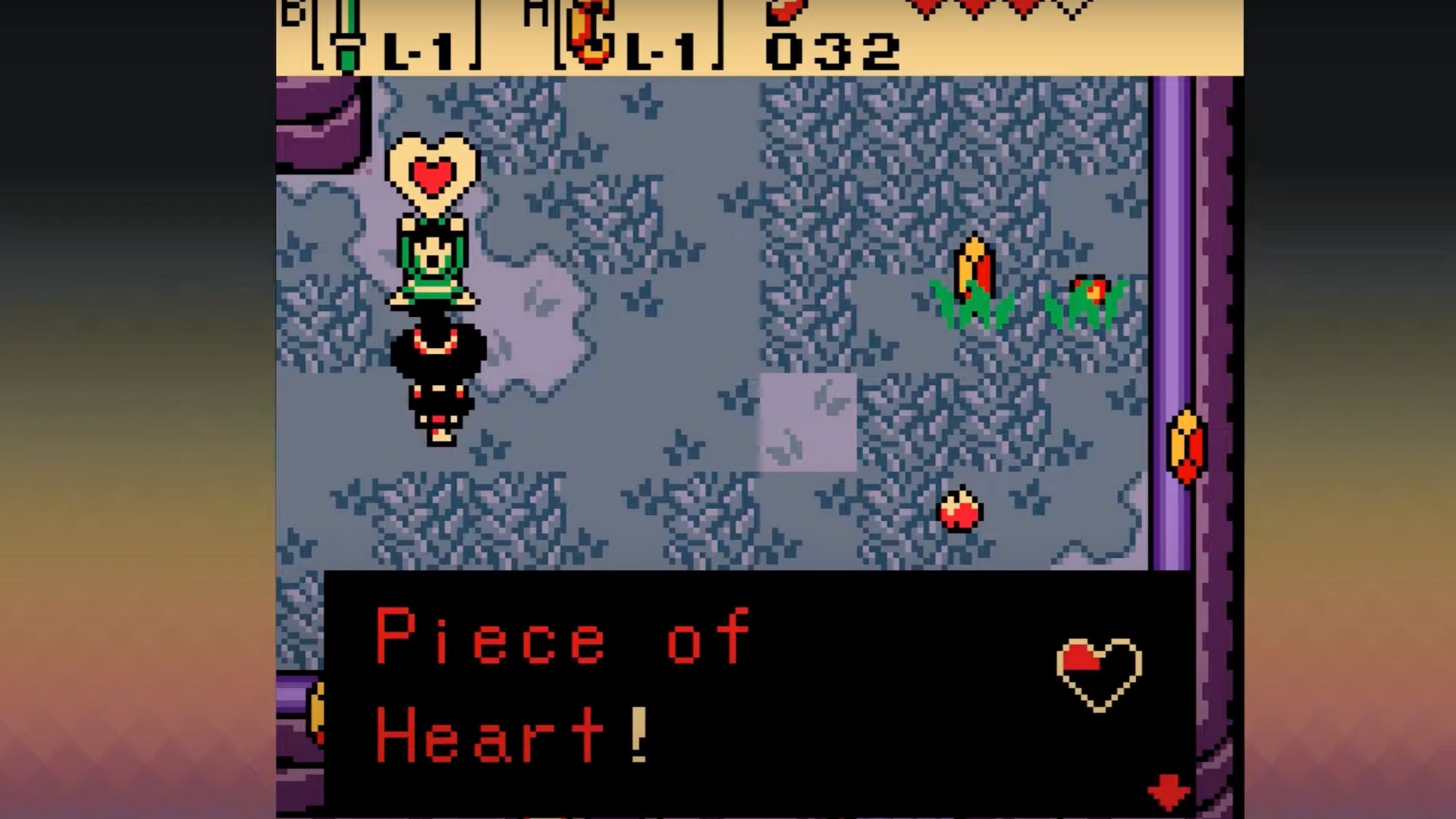 Link collecting a piece of heart in Zelda_ Oracle of Ages