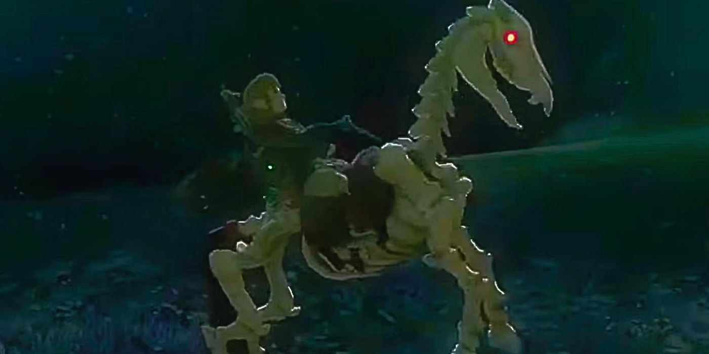 Link montando um Stalhorse, um cavalo esqueleto, em Tears of the Kingdom.