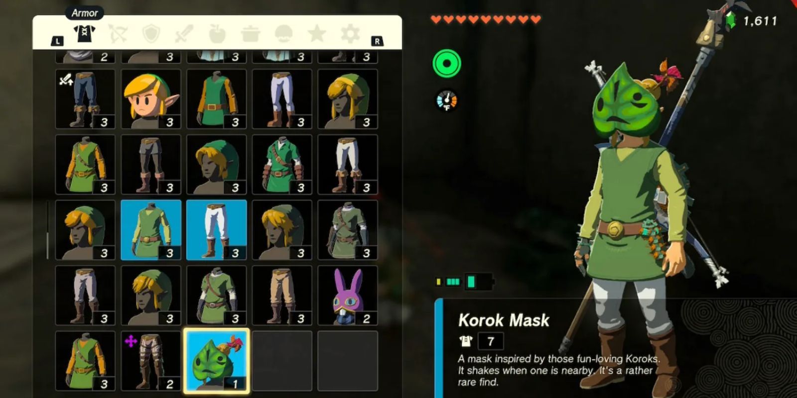 Tautkan mengenakan Topeng Korok di layar baju besi di Zelda TOTK