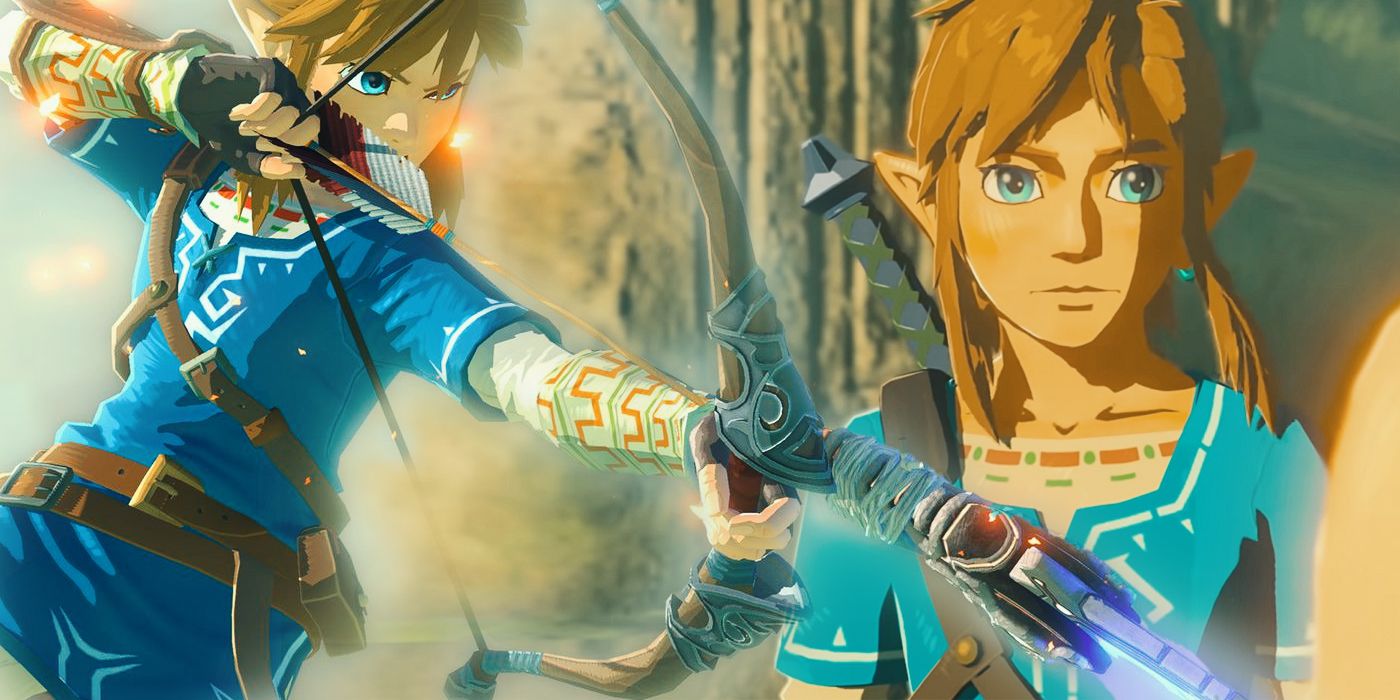 Two images of Link from BOTW blended together - him drawing an Ancient Arrow on a bow to the left, and him looking past the camera in a cutscene on the right.
