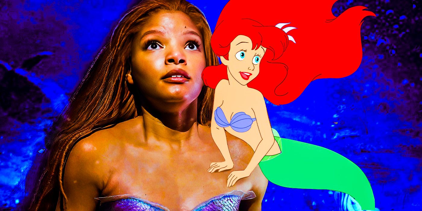 A blended image features Halle Bailey as the live-action version of Ariel and the animated version of The Little Mermaid
