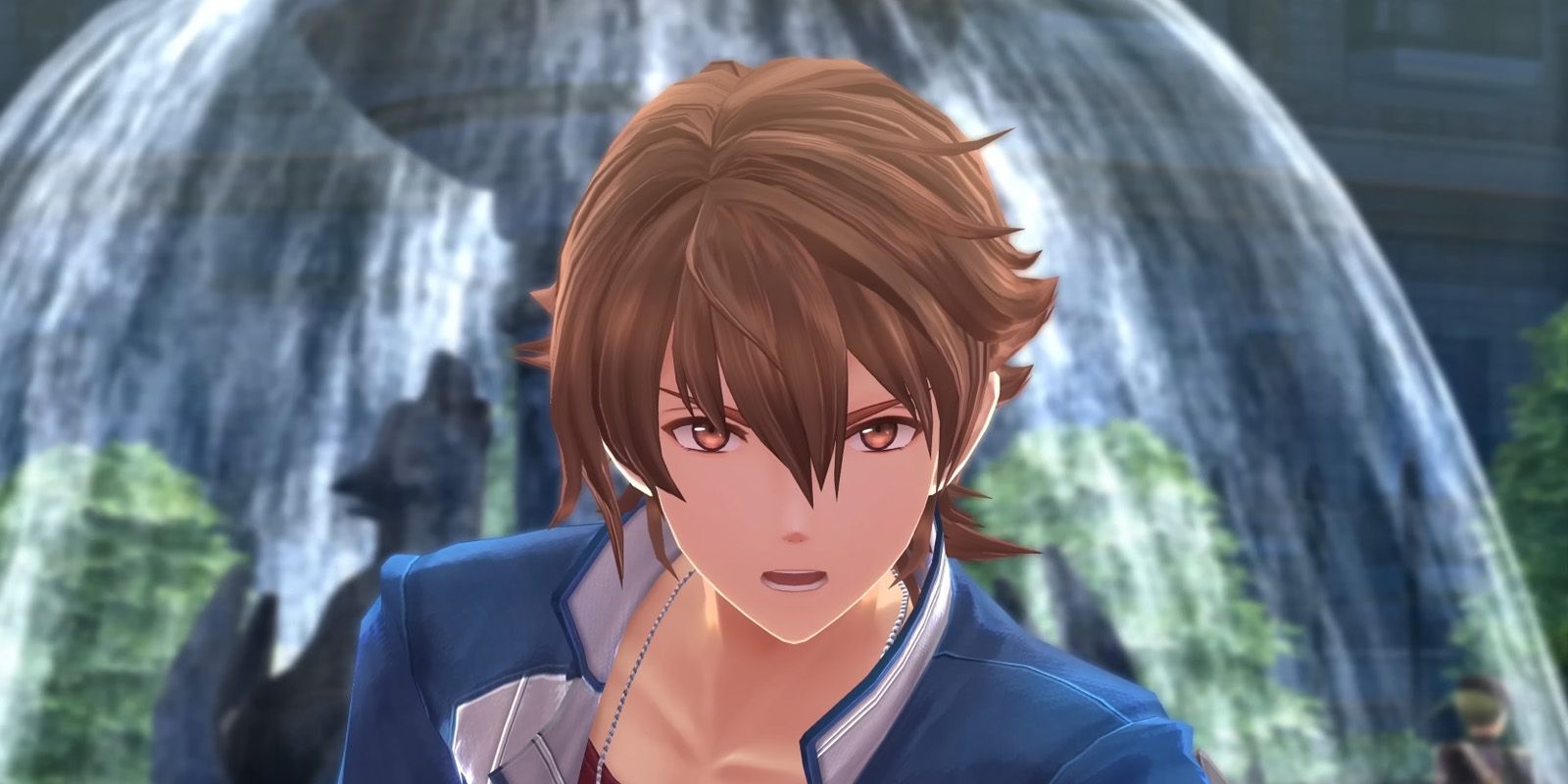Protagonist Lloyd in front of a fountain in The Legend of Heroes: Trails into Reverie.