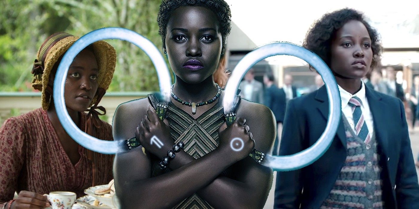 Lupita Nyong'o in 12 Years a Slave, Black Panther, and The 355 collage.
