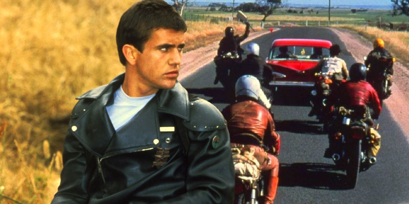 Custom image of Mel Gibson's Max next to the villainous biker gang in Mad Max 1979