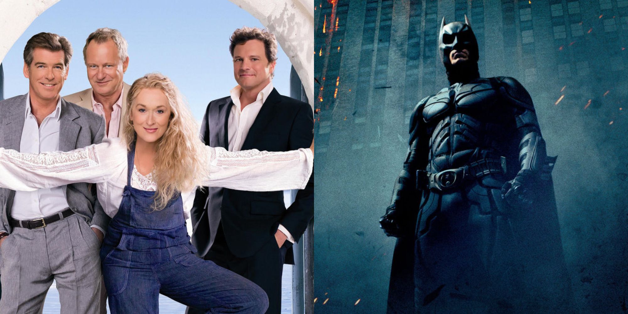 Split image of posters for Mamma Mia! and The Dark Knight