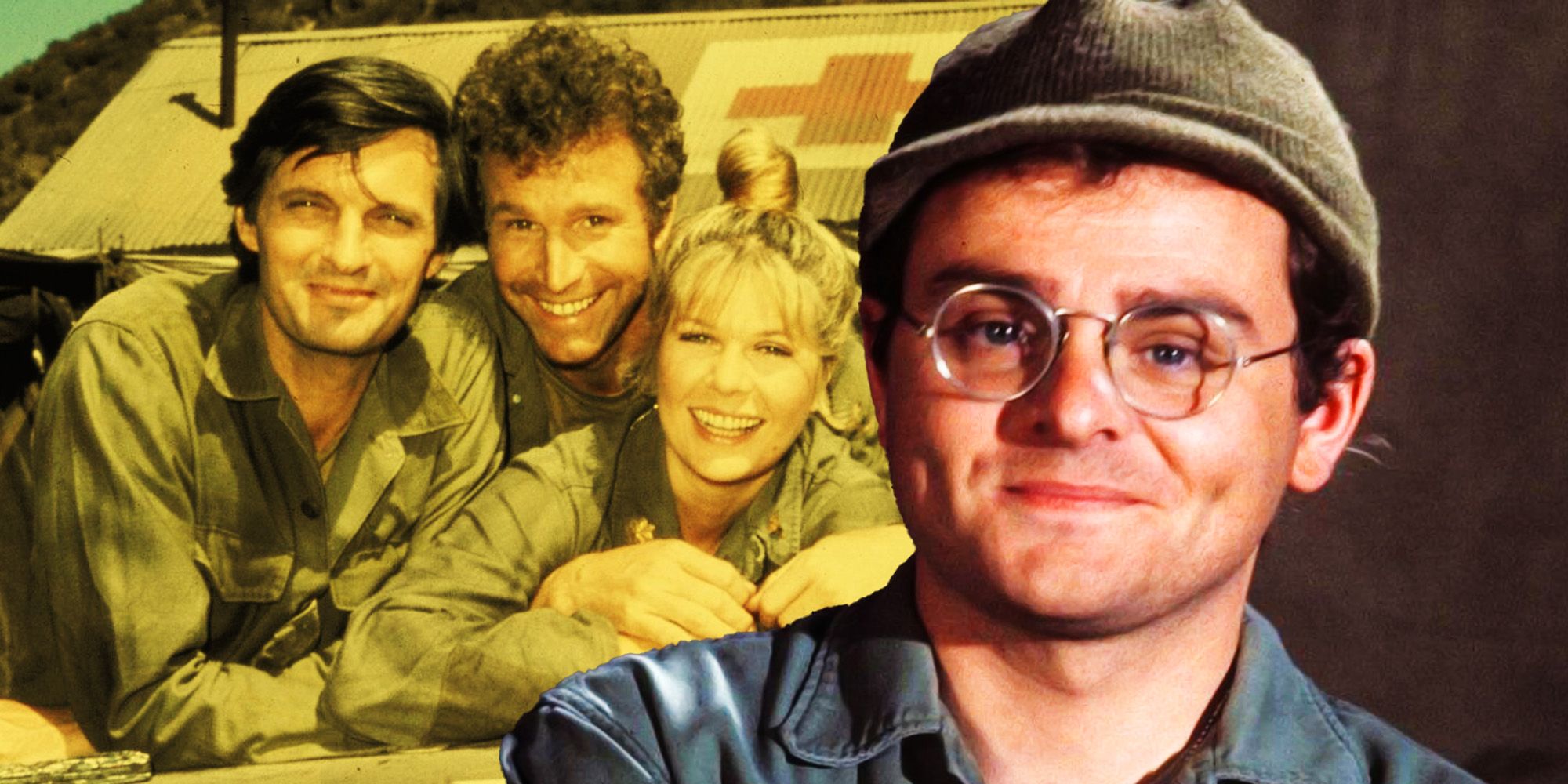 A blended image features three MASH cast members posing for a photo in the background with Gary Burghoff as Radar in the foreground