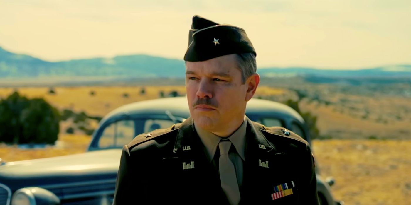 Matt Damon as Leslie Groves in uniform in Oppenheimer