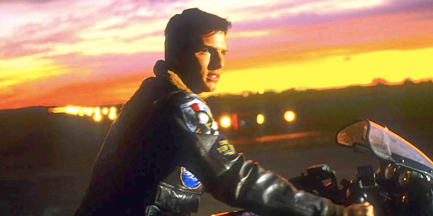 Maverick astride a motorcycle in Top Gun 1986