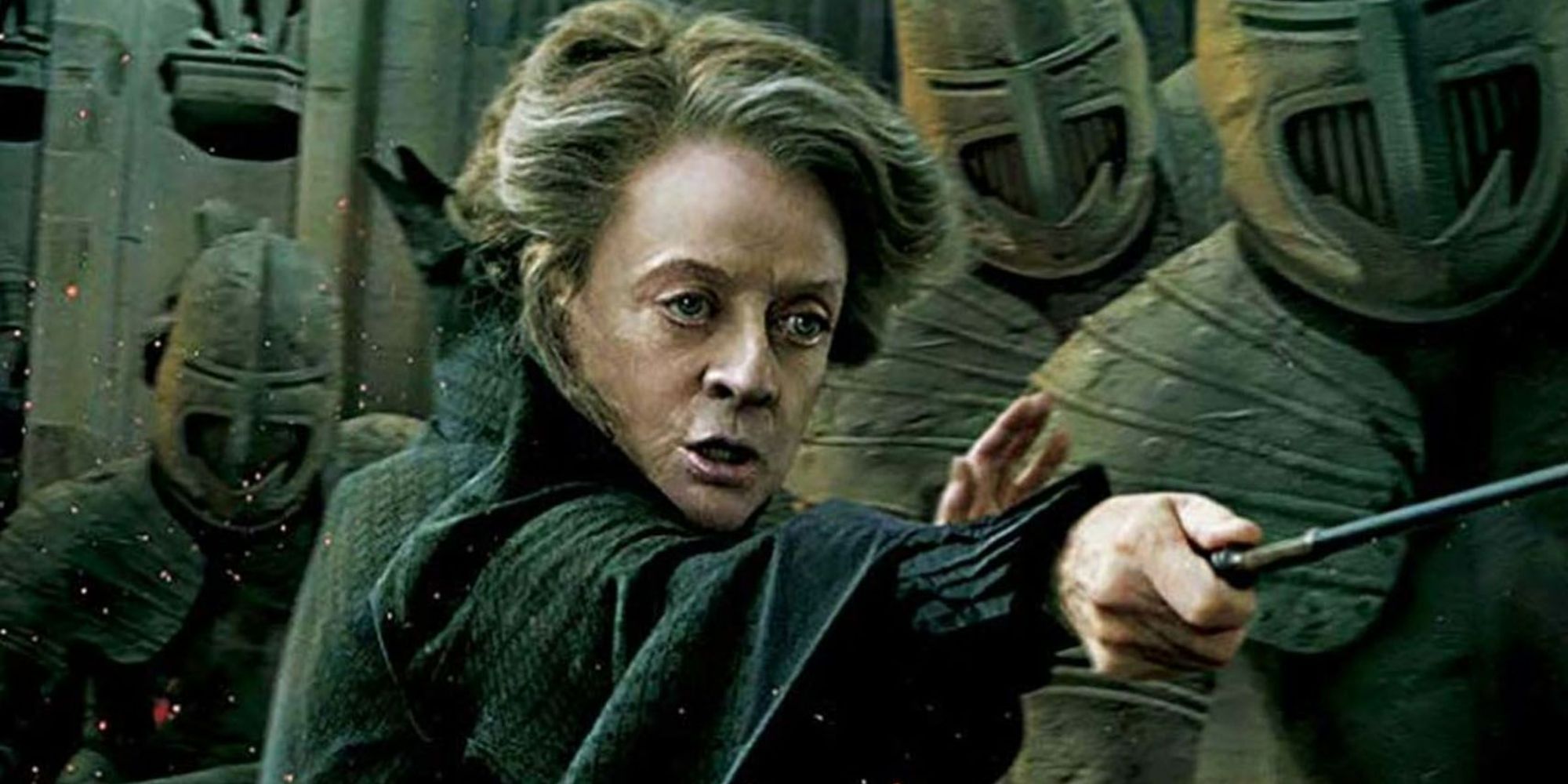 Professor Minerva McGonagall (Dame Maggie Smith) holding her wand during Battle of Hogwarts in Harry Potter and the Deathly Hallows Part 2