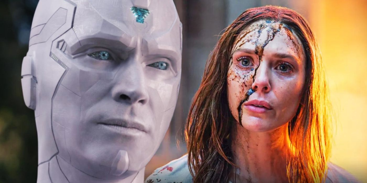 Paul Bettany as White Vision in WandaVision and Elizabeth Olsen as Wanda Maximoff/Scarlet Witch in Doctor Strange in the Multiverse of Madness