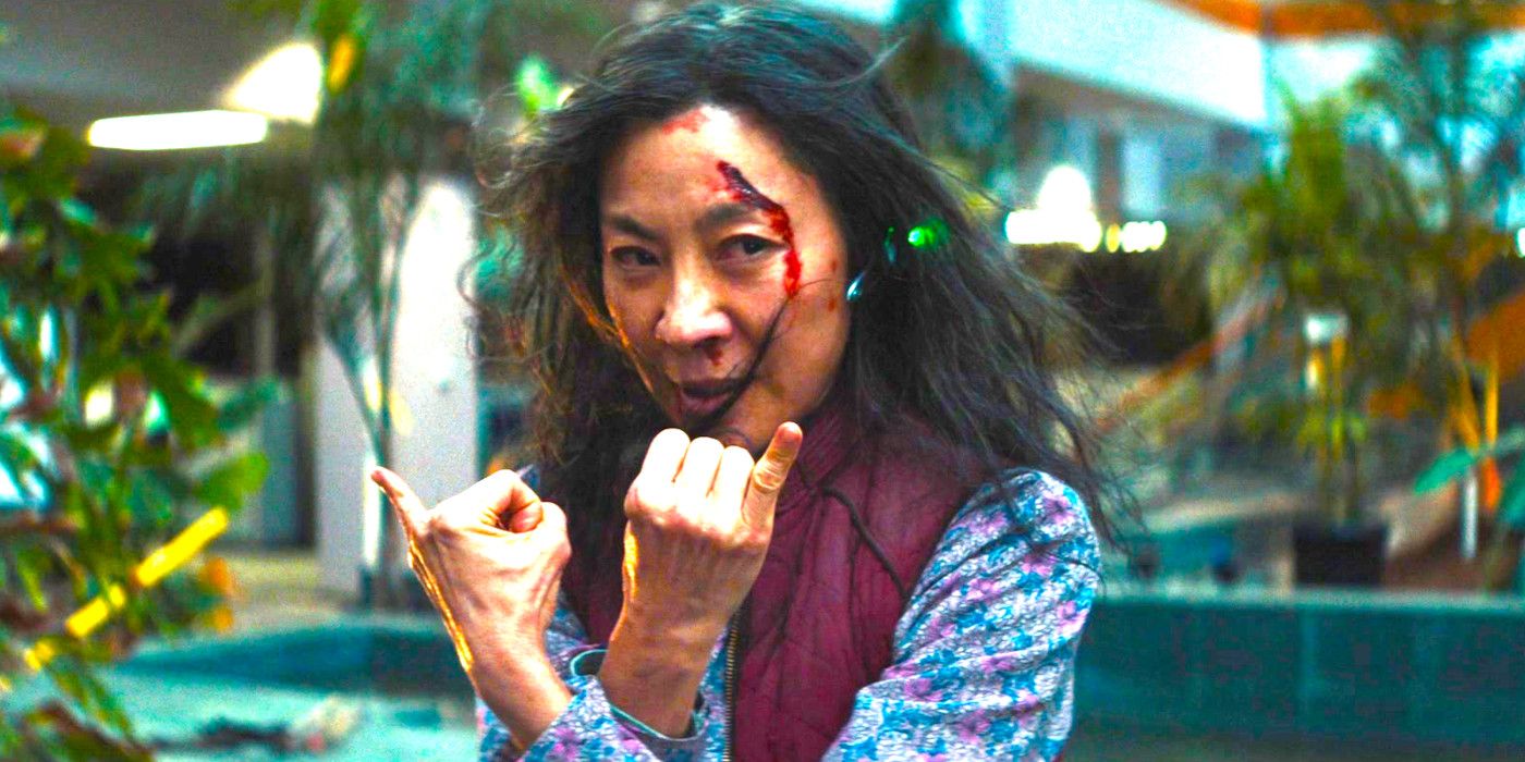 Michelle Yeoh as Evelyn prepares for a fight in Everything Everywhere All At Once.