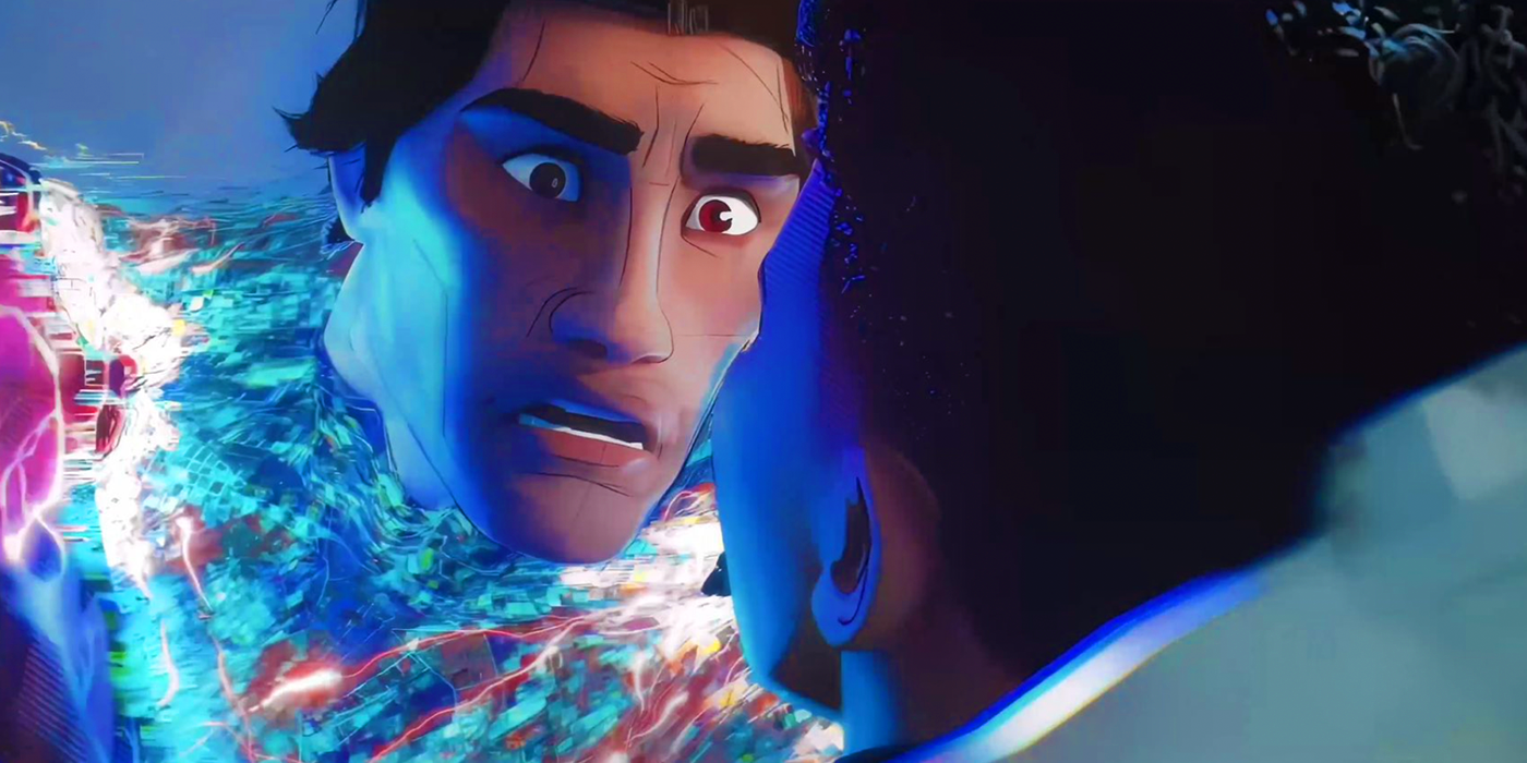 Miguel O&rsquo;Hara a.k.a. Spider-Man 2099 wearing a digital suit in Spider-Man Across the Spider-Verse