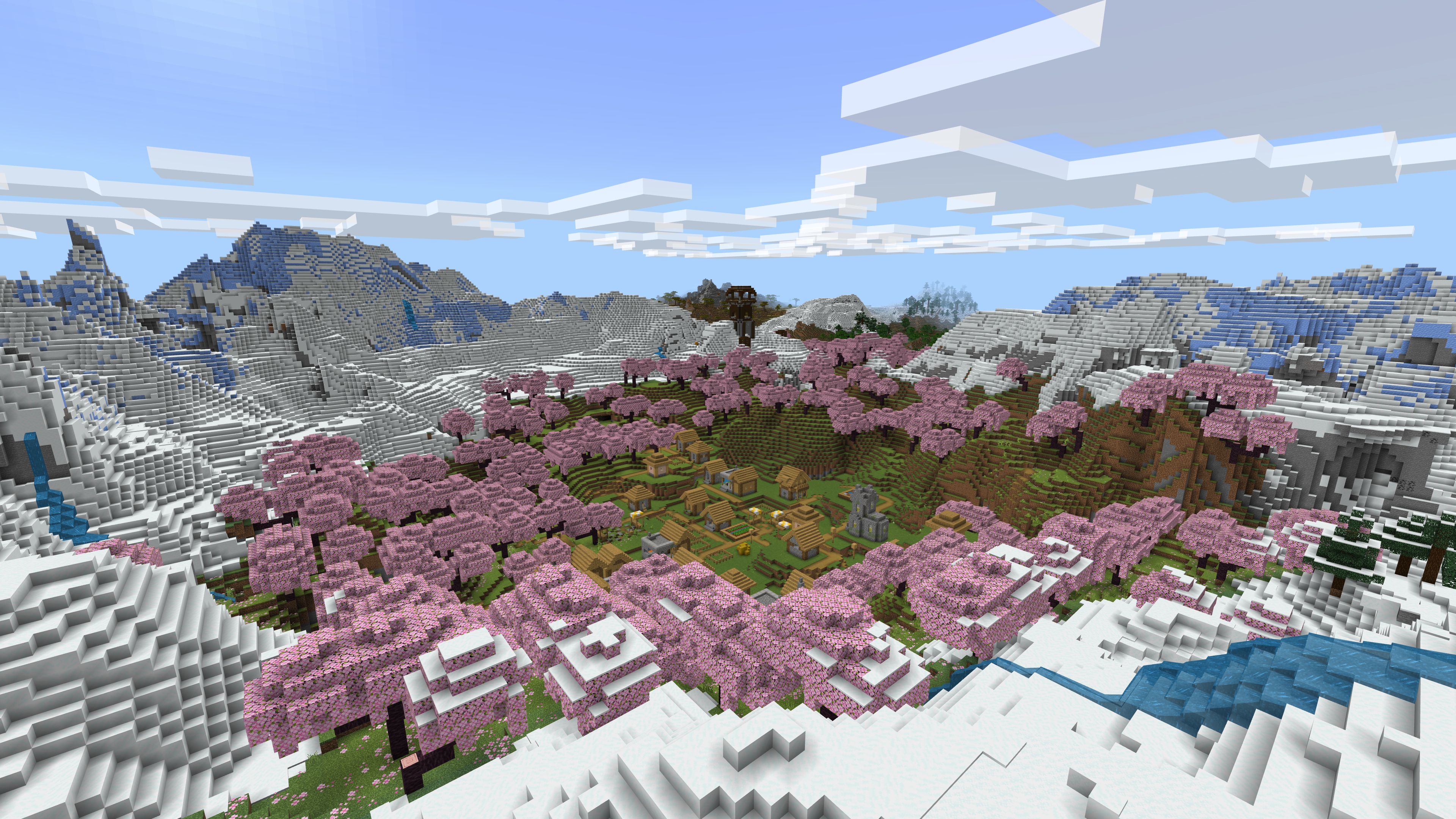 Semilla de Minecraft 1.20 con Cherry Blossom Grove Valley Village rodeada de montañas nevadas