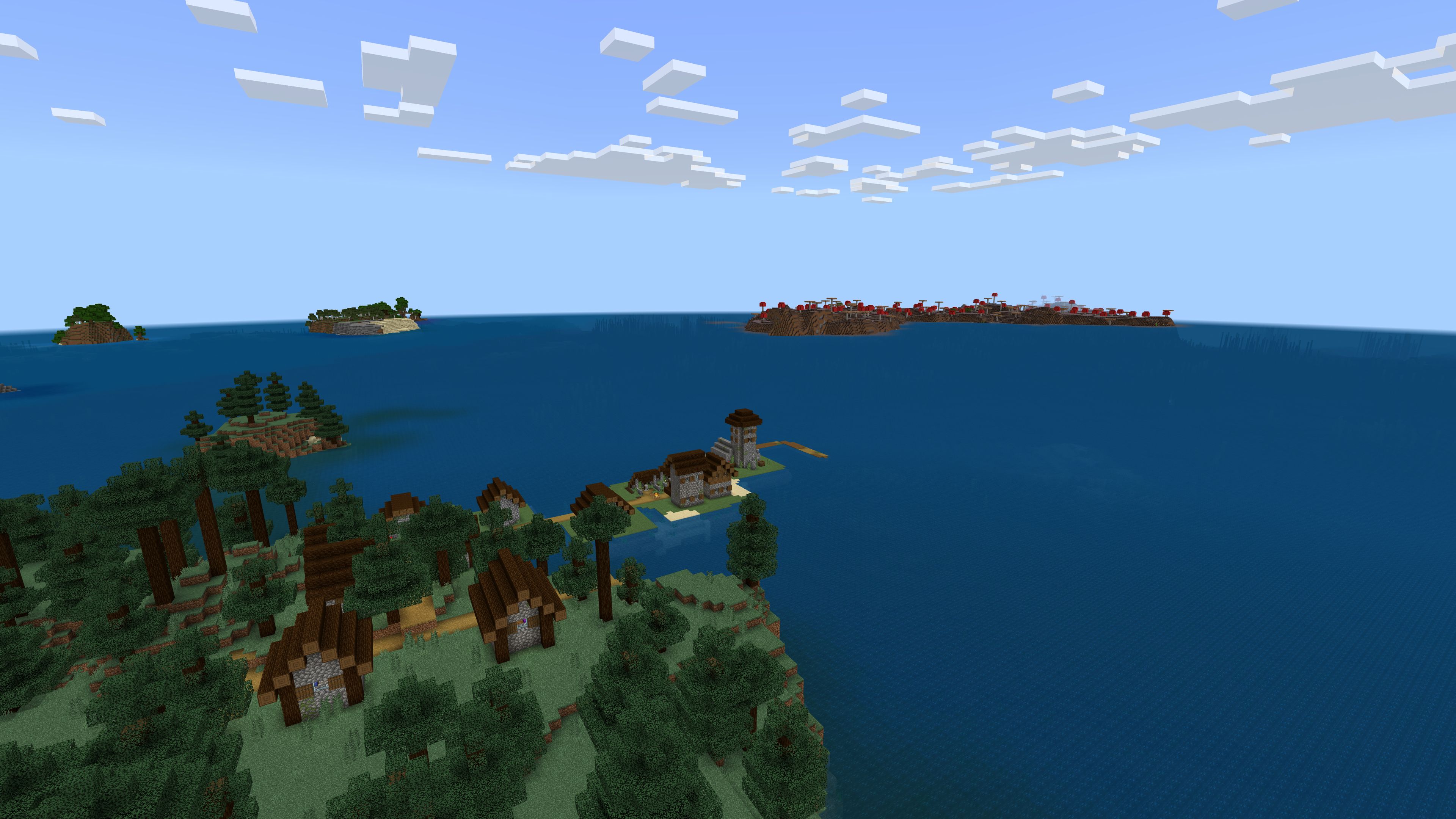 Semilla de Minecraft 1.20 con un pueblo costero de taiga y una isla con campos de hongos al otro lado del océano