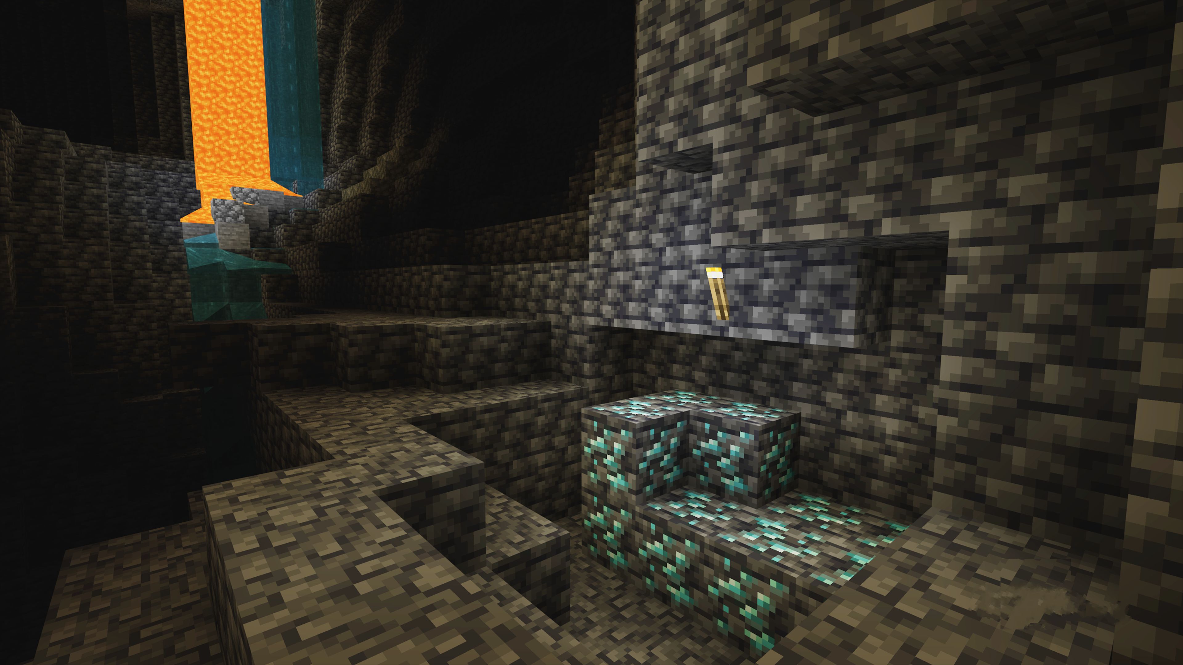Minecraft Massive Diamond Ore Chunk In Underground Cavern Near Waterfall And Lavafall