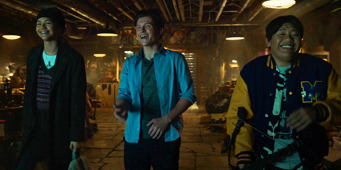 MJ, Peter Parker, and Ned laughing at Doctor Octopus in Spider-Man No Way Home