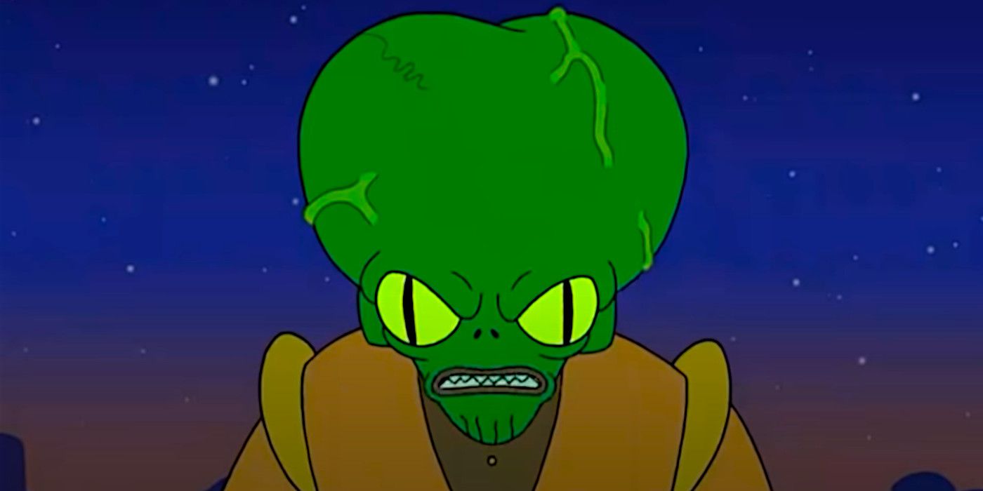 Morbo em Futurama olhando com raiva para a câmera com seus gigantescos olhos alienígenas reptilianos