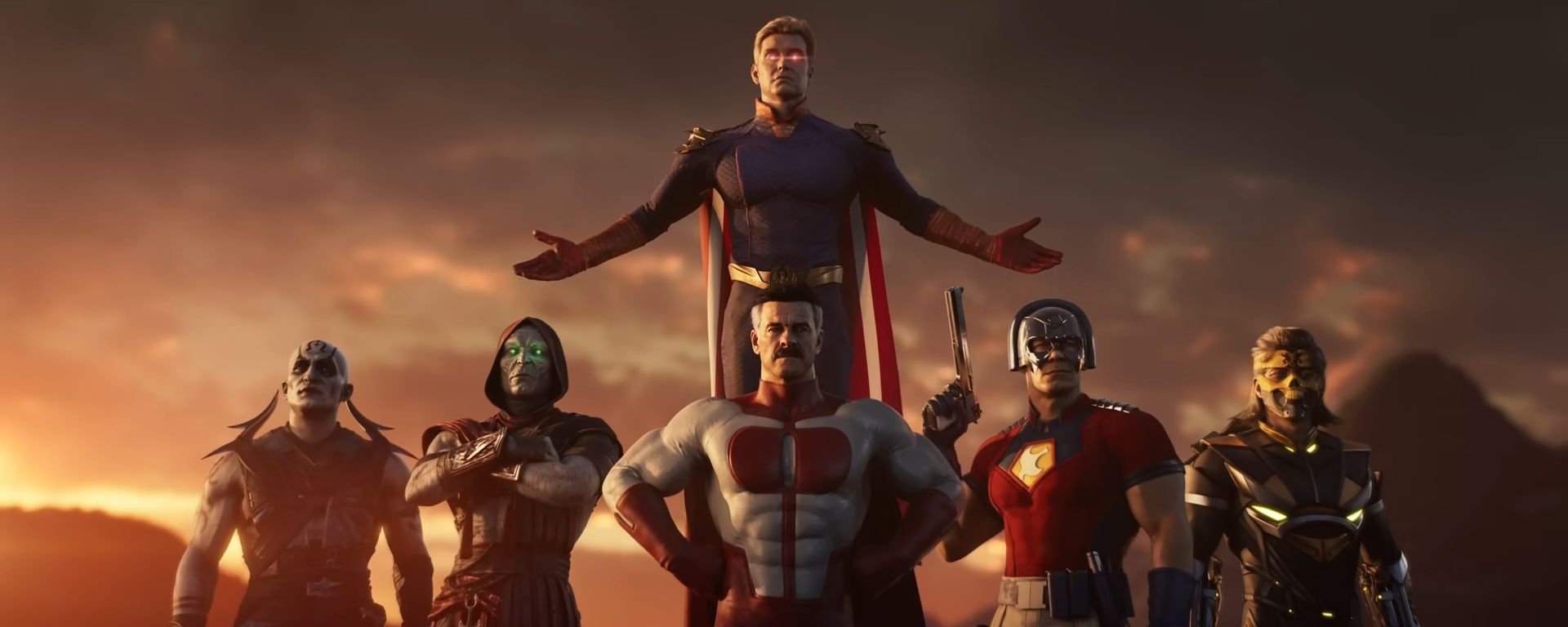 From the left to the right stand the following Mortal Kombat 1 characters: Quan-Chi, Ermac, Omni-Man, Peacemaker, and Takeda. Hovering above them is Homelander, with his arms wide open.