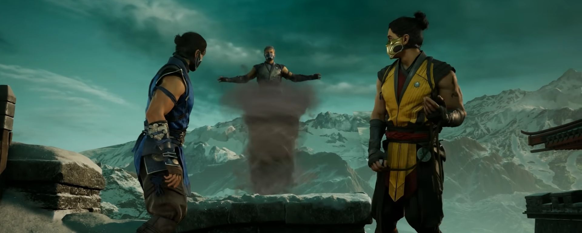 Mortal Kombat 1's Smoke appears coming out of a tornado while talking to Sub-Zero and Scorpion.