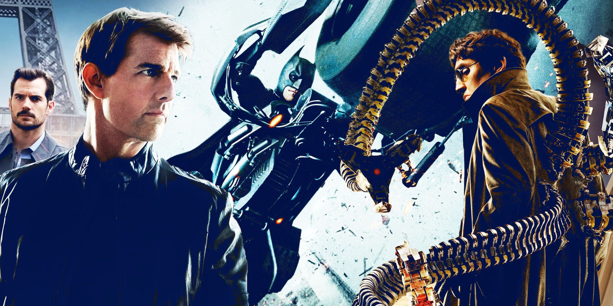 Collage of movie franchises: Tom Cruise and Henry Cavill from Mission: Impossible - Fallout; Batman from The Dark Knight; Doc Ock from Spider-Man 2.