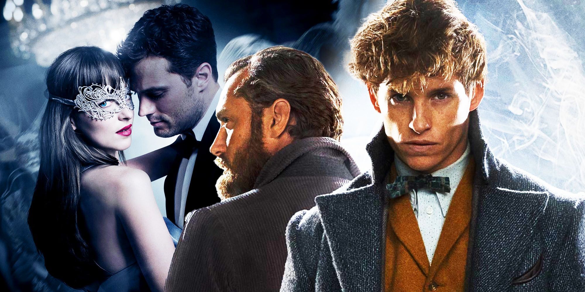 Collage of Fifty Shades of Grey and Fantastic Beasts franchises.
