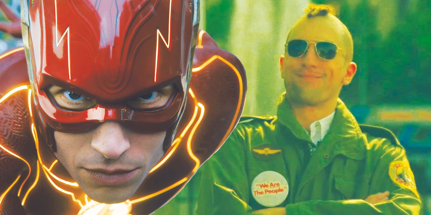 A closeup of The Flash, with Travis from Taxi Driver in the background.